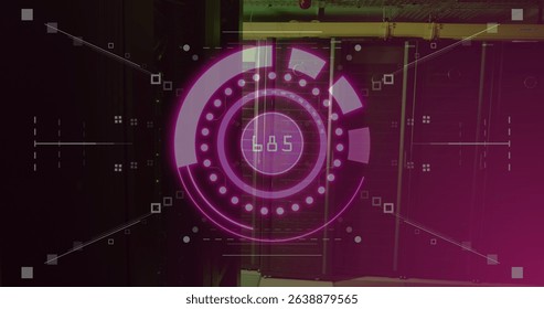 Image of scope scanning with data processing over server room. Global technology, online security and digital interface concept digitally generated image.