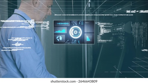 Image of scope scanning and data processing over caucasian it man fixing computer server. global computing and data processing concept digitally generated image. - Powered by Shutterstock - Get 15% off with code: PIKWIZARD15