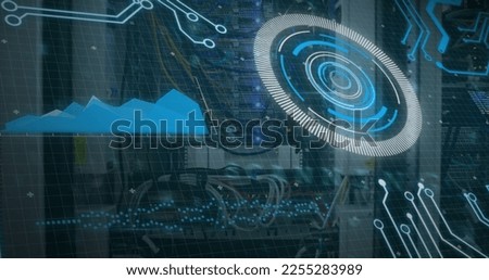 Image of scope scanning and data processing over stock market on black background. Global digital interface technology and networking concept digitally generated image.