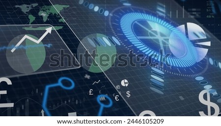 Image of scope scanning and data processing. Global business, finance, computing and data processing concept digitally generated image.
