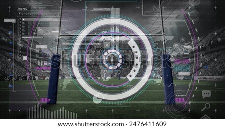 Image of scope scanning and data processing over sports stadium. global sports, competition technology and digital interface concept digitally generated image.