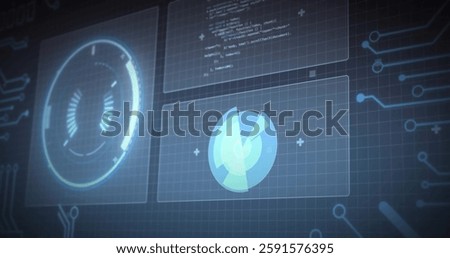 Image of scope scanning and data processing on black background. Global technology, computing and digital interface concept digitally generated image.