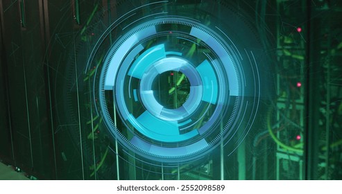 Image of scope scanning and digital data processing over computer servers. Global connections, computing and data processing concept digitally generated image.