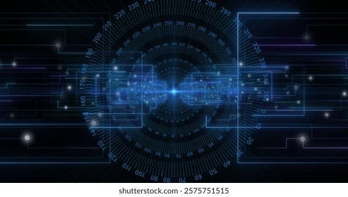 Image of scope scanning with digital data processing. Global cyber security, connections, computing and data processing concept digitally generated image