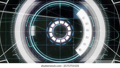 Image of scope scanning with digital data processing. Global cyber security, connections, computing and data processing concept digitally generated image