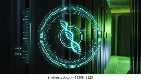 Image of scope scanning with dna strand and data processing over server room. Global technology and digital interface concept digitally generated image. - Powered by Shutterstock - Get 15% off with code: PIKWIZARD15