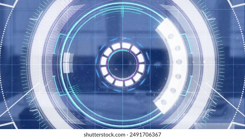 Image of scope scanning and financial data processing over office. Global business, finances, computing and data processing concept digitally generated image.