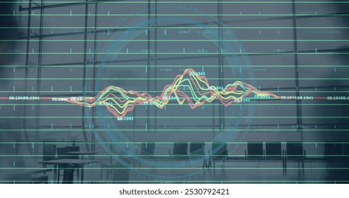 Image of scope scanning and financial data processing. Global connections, digital interface, cloud computing and data processing concept digitally generated image.