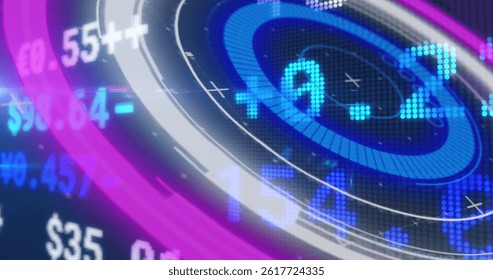 Image of scope scanning and financial data processing over grid. global data processing and business concept digitally generated image.