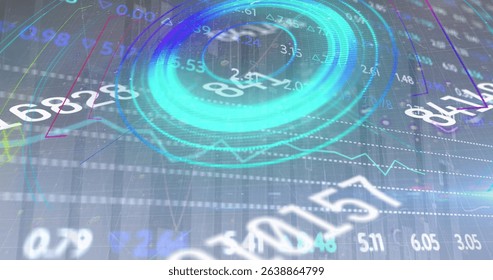 Image of scope scanning with financial data processing. Global finance and business concept.