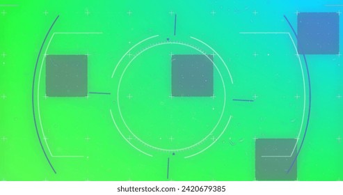 Image of scope scanning, flickering lines and squares on glowing green background. Digital interface global connection and communication concept digitally generated image.