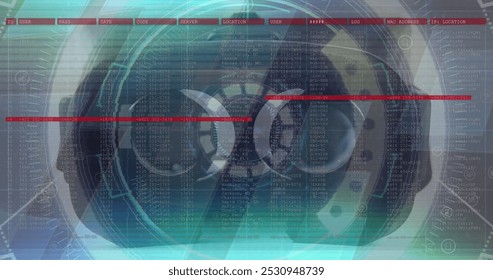 Image of scope scanning with glitch and vr headset. global data processing, communication, digital interface, technology and networking concept digitally generated image. - Powered by Shutterstock