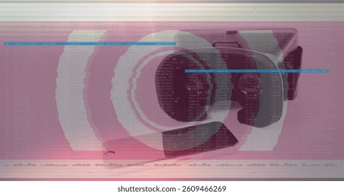 Image of scope scanning with glitch and vr headset. global data processing, communication, digital interface, technology and networking concept digitally generated image.