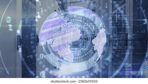 Image of scope scanning and globe with data processing over computer servers. Global finance, business, connections, computing and data processing concept digitally generated image.