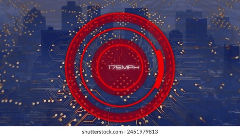 Image of scope scanning with growing number and computer circuit board over cityscape. Global business, computing and digital interface concept digitally generated image.
