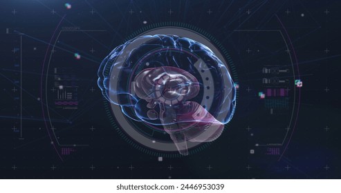 Image of scope scanning with human brain spinning on black background. Digital interface global science, medicine, connection and communication concept digitally generated image.