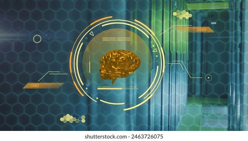 Image of scope scanning with human brain and data processing over computer servers. Global computing, digital interface and data processing concept digitally generated image.