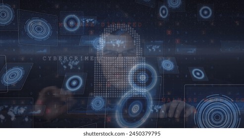 Image of scope scanning with icons and data processing over caucasian hacker in server room. Global technology, computing and digital interface concept digitally generated image. - Powered by Shutterstock - Get 15% off with code: PIKWIZARD15