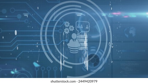Image of scope scanning with icons over computer circuit board on black background. Global business and digital interface concept digitally generated image.