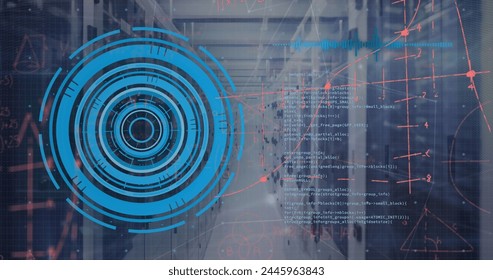 Image of scope scanning with mathematical equations and data processing over server room. Global technology, computing and digital interface concept digitally generated image.