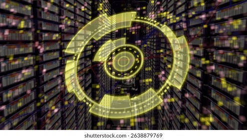 Image of scope scanning with moving columns over server room. Global technology, online security and digital interface concept digitally generated image.