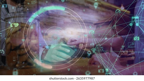 Image of scope scanning and network of connections over diverse people paying with smartphone. Global technology, finances and digital interface concept digitally generated image. - Powered by Shutterstock - Get 15% off with code: PIKWIZARD15