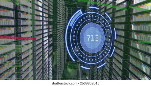 Image of scope scanning with numbers and data processing over computer servers. Global data processing and digital interface concept digitally generated image.