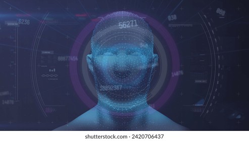 Image of scope scanning and numbers processing with human head glowing in background. Digital interface global connection and communication concept digitally generated image.