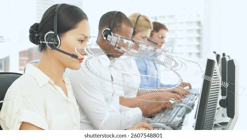 Image of scope scanning over business people using phone headsets. global connections, digital interface, technology and networking concept digitally generated image.