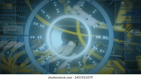 Image of scope scanning over cables in computer server. global computing and data processing concept digitally generated image.