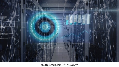 Image of scope scanning over computer servers. global connections, data processing and digital interface concept digitally generated image.