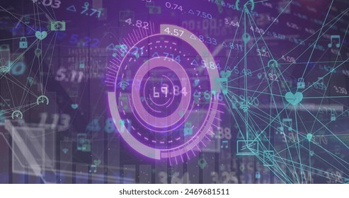 Image of scope scanning over data processing. Global connections business technology and networking concept digitally generated image.