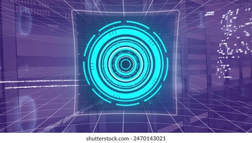 Image of scope scanning over data processing over black background. Global connections business digital interface technology and networking concept digitally generated image.