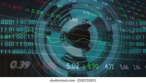 Image of scope scanning over data processing. Global technology and digital interface concept digitally generated image.