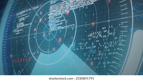 Image of scope scanning over data processing against blue background. Computer interface and business technology concept