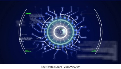 Image of scope scanning over data processing on blue background. Global technology, computing and digital interface concept digitally generated image. - Powered by Shutterstock - Get 15% off with code: PIKWIZARD15