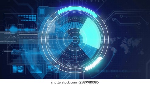 Image of scope scanning over data processing on blue background. Global technology, computing and digital interface concept digitally generated image.