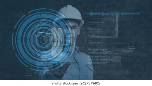 Image of scope scanning over data processing on black background. Global science business data processing and digital interface concept digitally generated image.