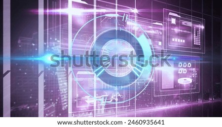 Image of scope scanning over data processing on black background. Global communication technology digital interface and data sharing concept digitally generated image.