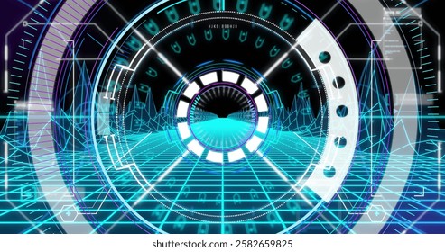 Image of scope scanning over digital mountains on black background. Global technology, computing and digital interface concept digitally generated image.
