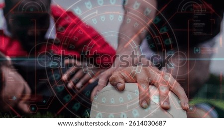 Image of scope scanning over diverse male rugby players with ball at stadium. sport and social media concept digitally generated image.