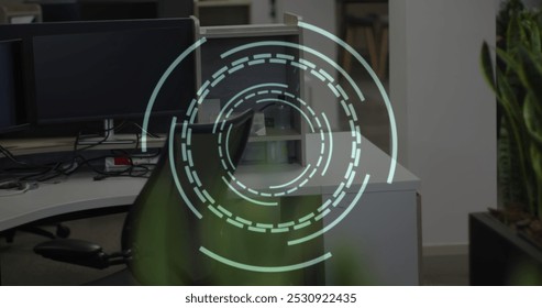 Image of scope scanning over empty office. Global business and digital interface concept digitally generated image.