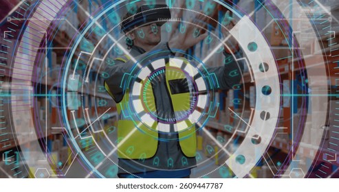 Image of scope scanning over male warehouse worker wearing vr headset and moving hands. global technology, connections and digital interface concept digitally generated image. - Powered by Shutterstock - Get 15% off with code: PIKWIZARD15