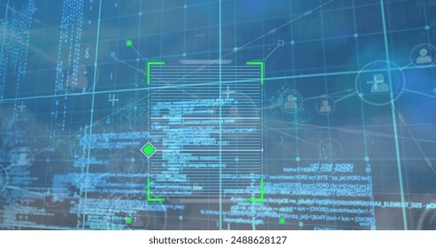 Image of scope scanning over network of profile icons and data processing against blue sky. Global networking and business technology concept