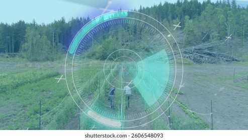 Image of scope scanning over people on plantation. global environment, green energy and digital interface concept digitally generated image.