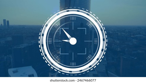 Image of scope scanning over ticking clock icon against aerial view of cityscape. Global networking and business technology concept - Powered by Shutterstock