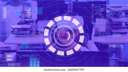 Image of scope scanning over woman wearing vr headset and moving her hands. global technology, connections and digital interface concept digitally generated image.