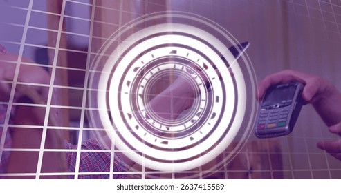 Image of scope scanning over woman image on geometric background. Global connections business digital interface technology and networking concept digitally generated image. - Powered by Shutterstock - Get 15% off with code: PIKWIZARD15