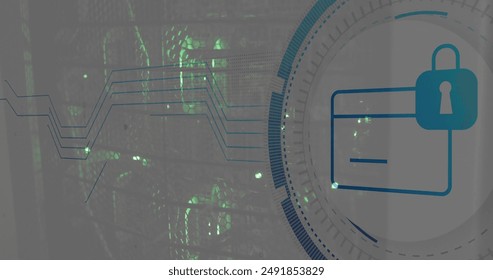 Image of scope scanning with padlock icon over server room. Global technology, computing, online security and digital interface concept digitally generated image. - Powered by Shutterstock