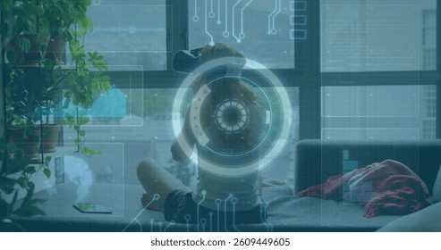 Image of scope scanning and processor elements over woman wearing vr headset. global data processing, communication and global technology concept digitally generated image. - Powered by Shutterstock - Get 15% off with code: PIKWIZARD15